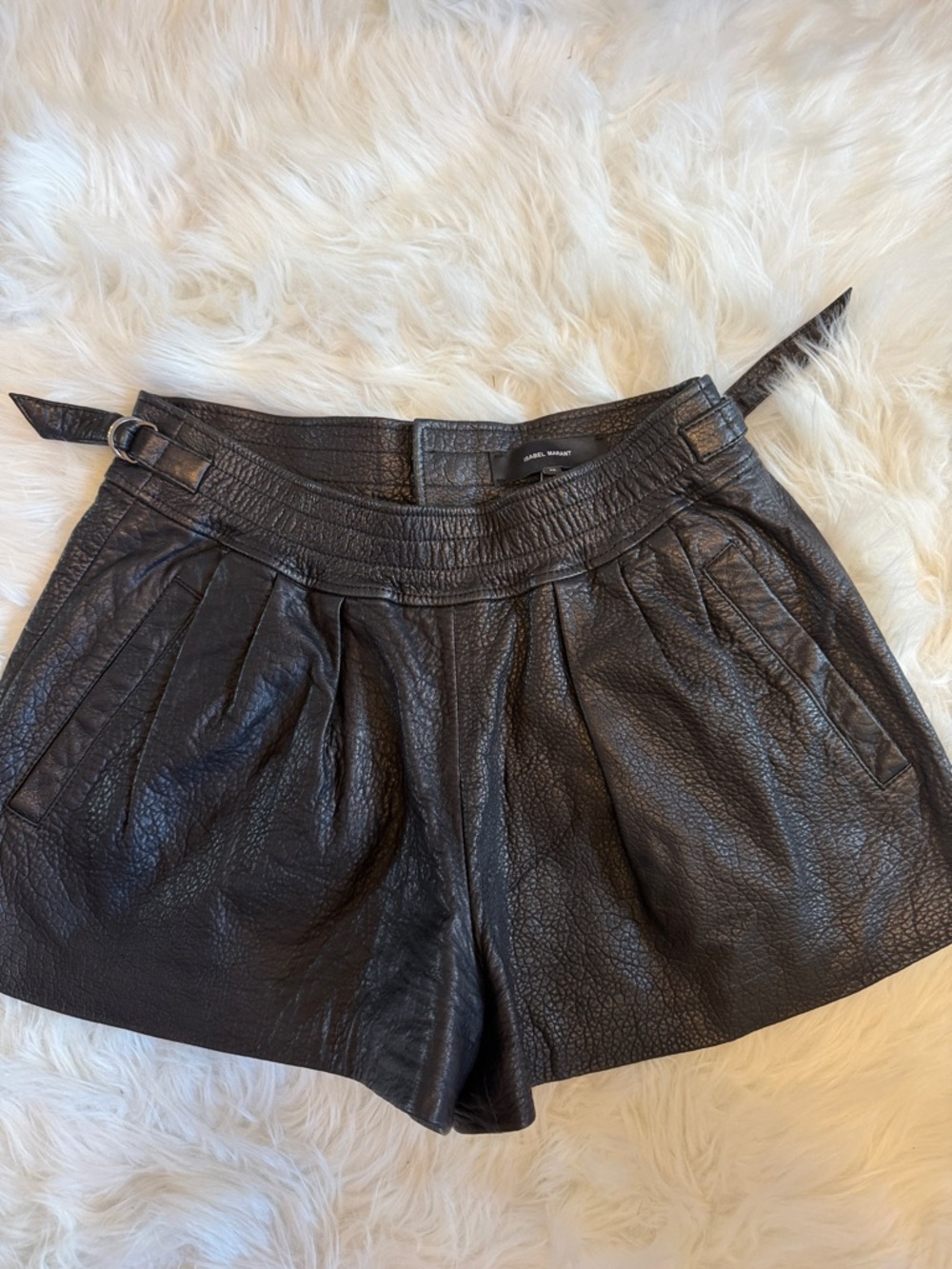 Isabel Marant Black High-Waist Textured Leather Shorts with Belt